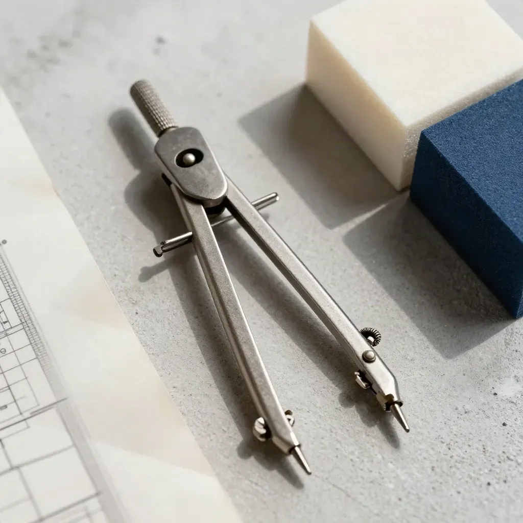 Overhead architecture still life with drafting compass, vellum, and foam model blocks on pale concrete.