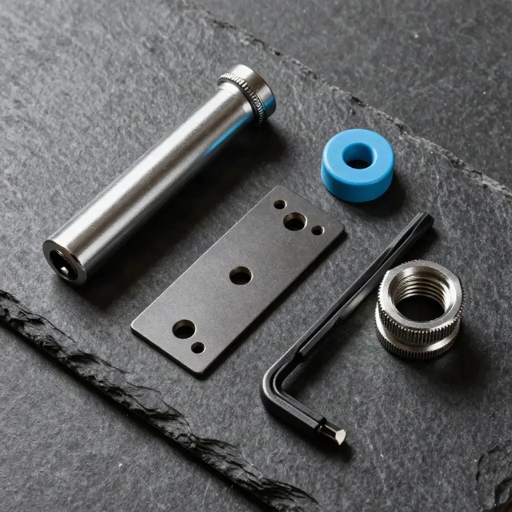 Overhead still life of a lock cylinder, strike plate, hex keys and cable gland on charcoal stone.