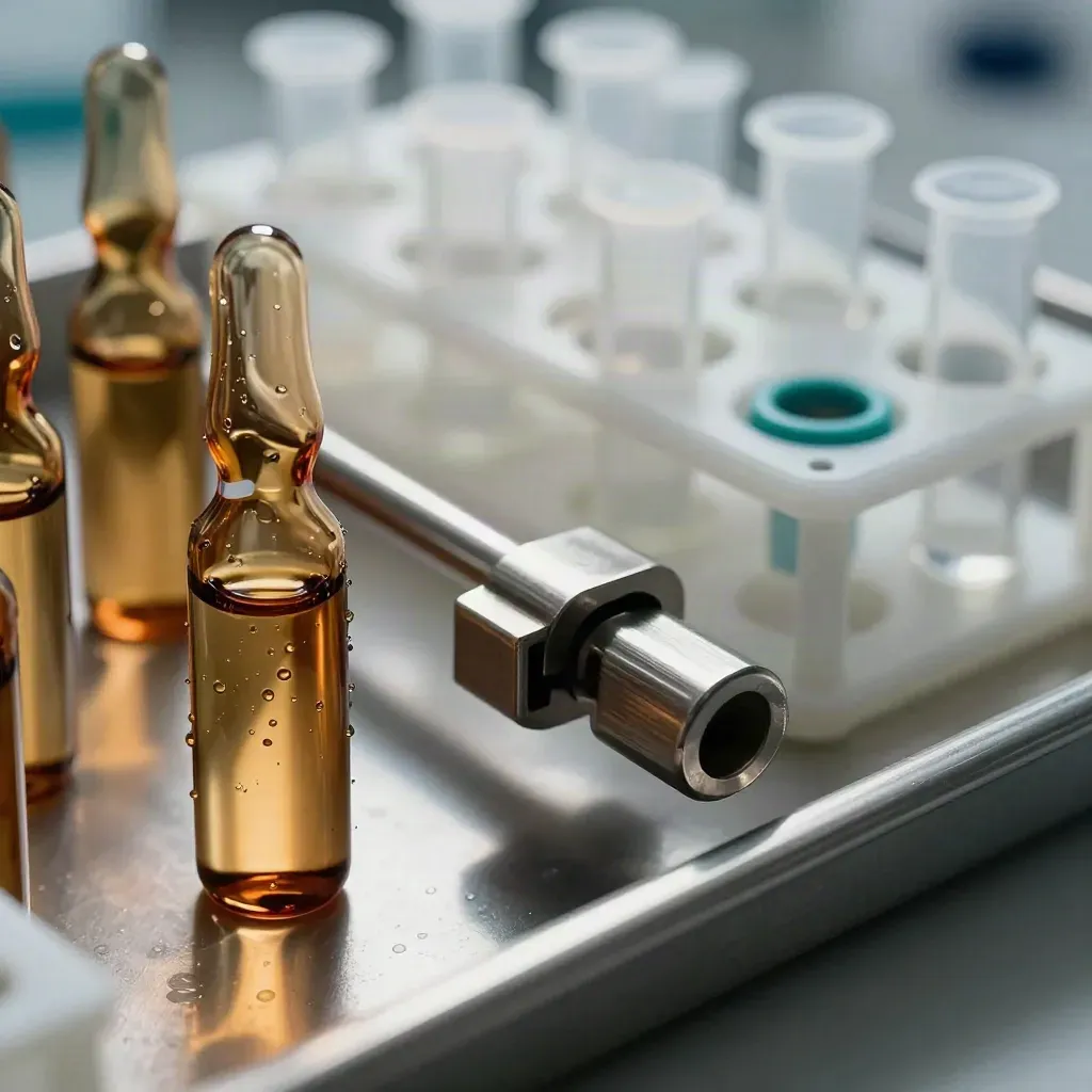 Laboratory ampoules, clamp, and sample rack on brushed metal in cool clinical light.