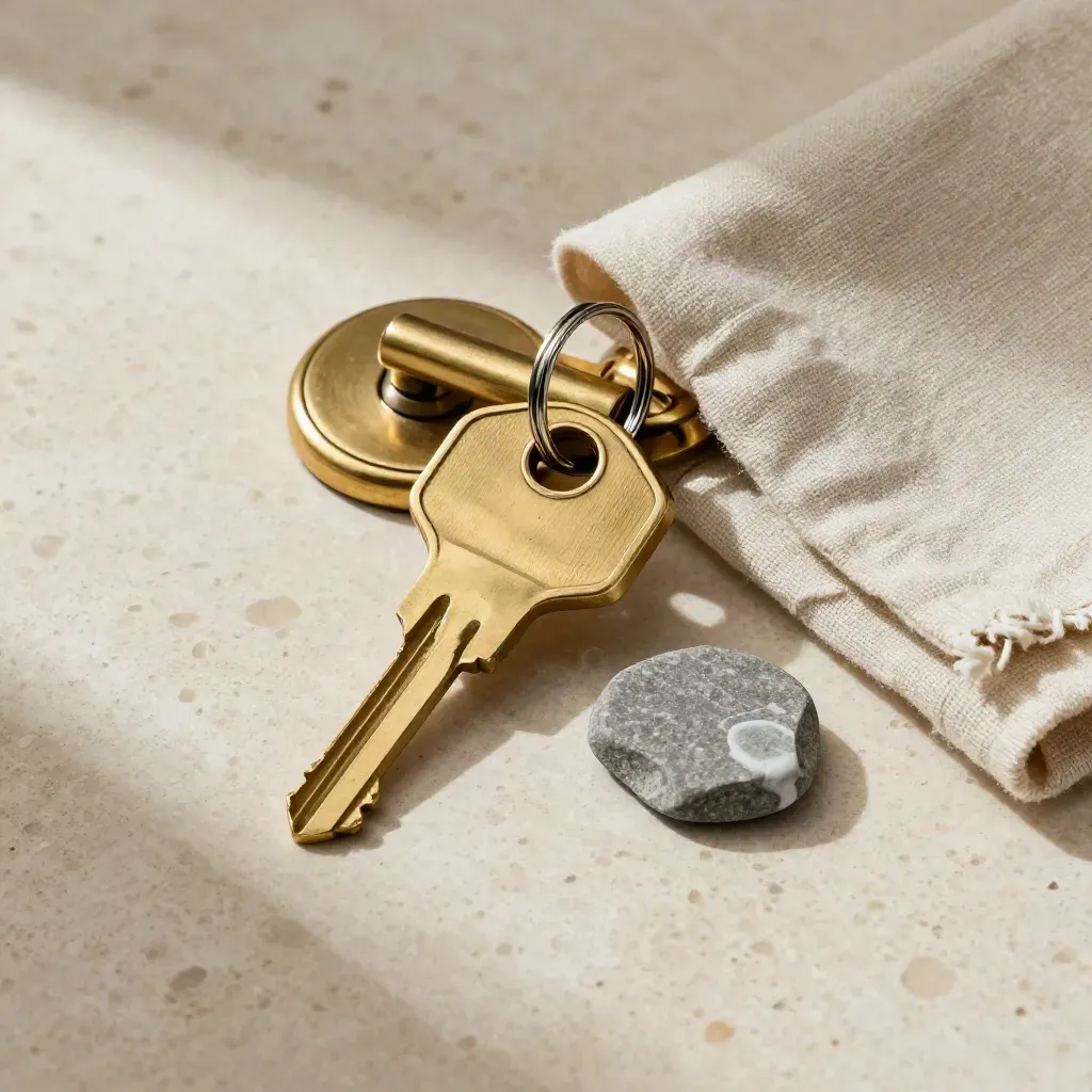 Brass hotel key fob, latch plate, linen tag and stone coaster on pale travertine.