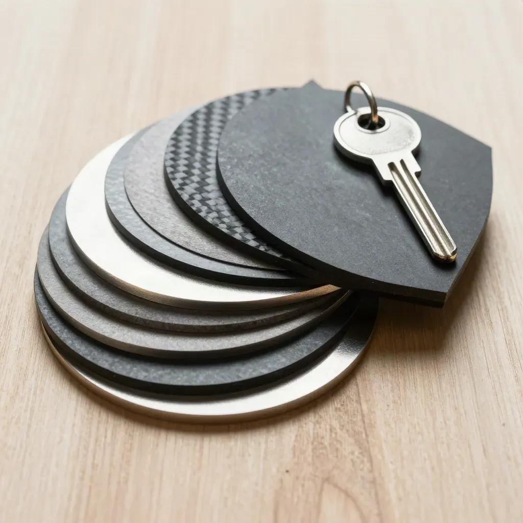 Top-down still life of sample discs, carbon-fibre swatches, and modular blocks on pale wood.