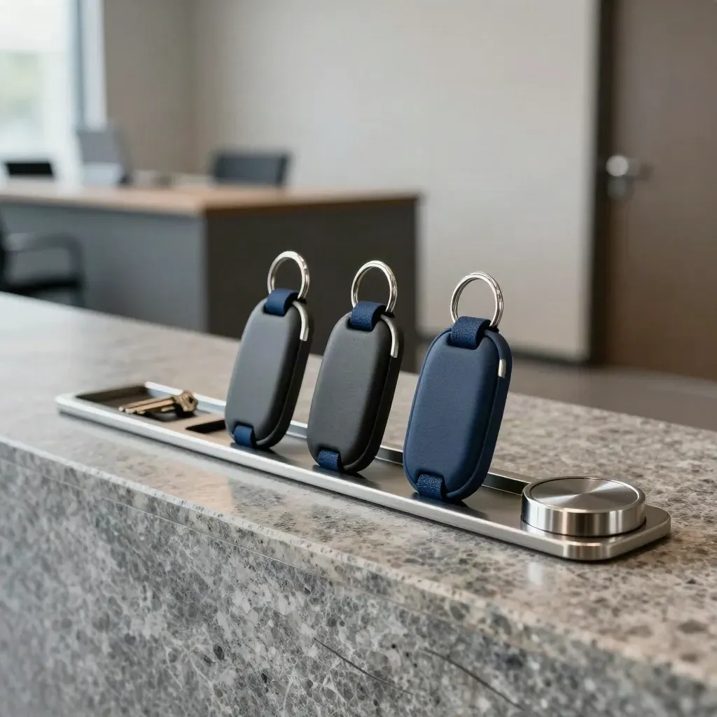Coworking key fobs, desk puck and modular key rail on brushed stone in macro detail