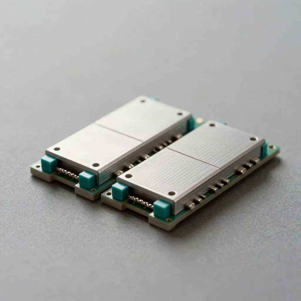 Two aluminium sync modules linked by braided leads on a graphite surface, macro still life.