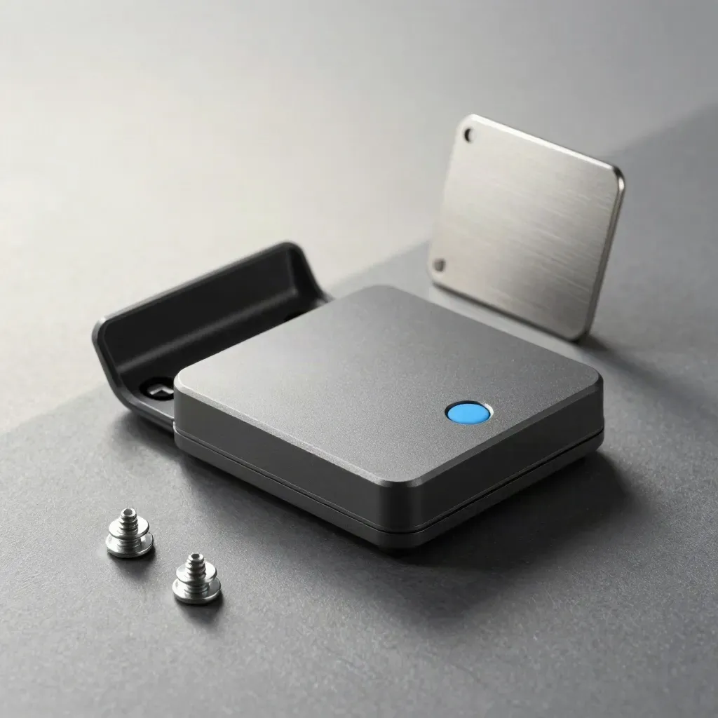 Compact occupancy sensor, cradle and magnetic plate on graphite with a hard diagonal shadow.