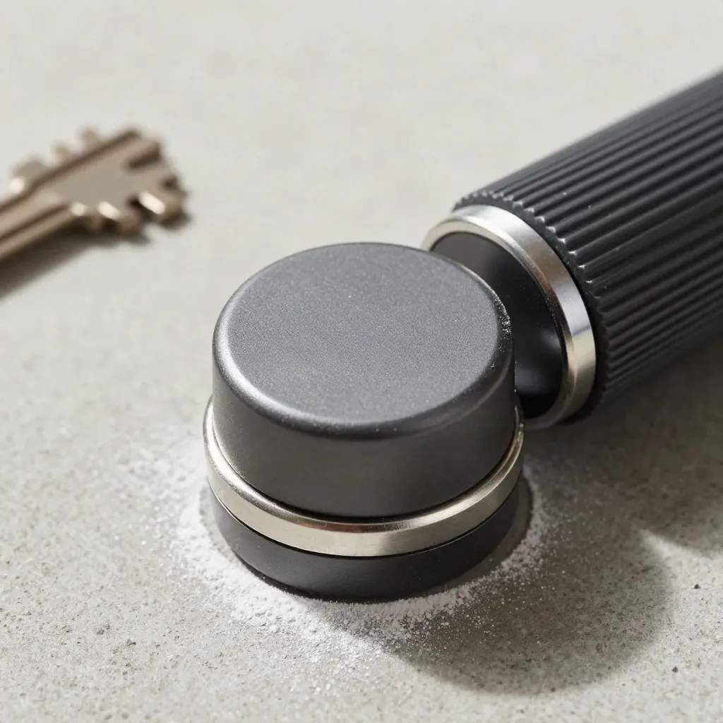 Top-down macro of a desk booking puck, spacer rings and grommet sleeve on pale concrete.
