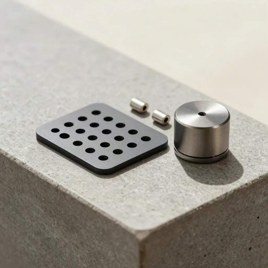 Macro still life of a room check-in tag, reader puck, and metal spacers on stone.