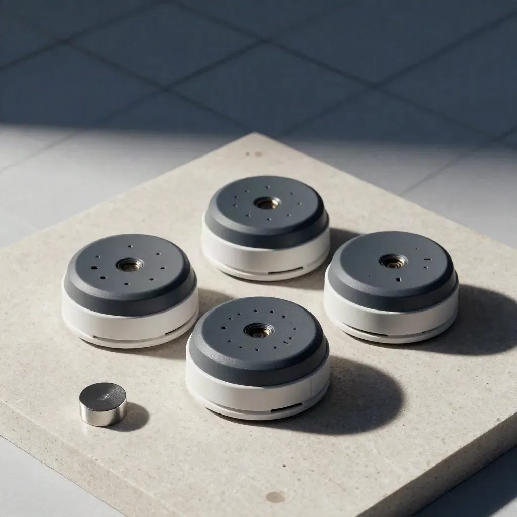Three occupancy sensor pods and a calibration puck on a limestone surface.