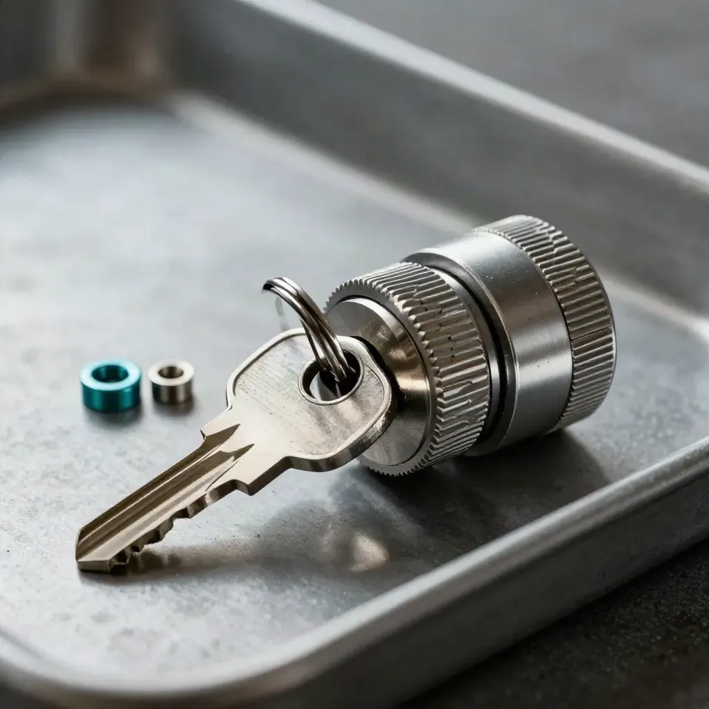 Master key ring, lock cylinder and adjustment dial on brushed metal with a teal accent