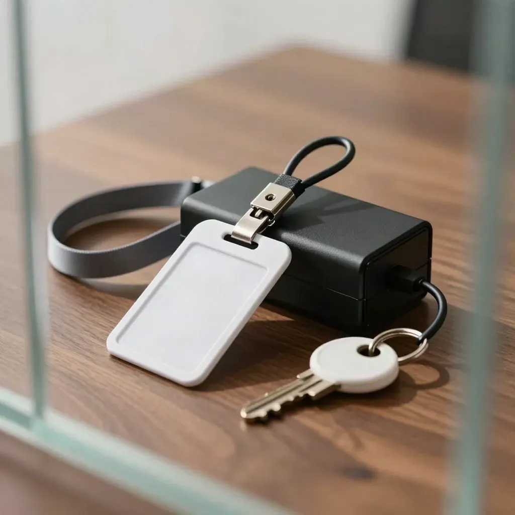 Badge reel, power brick, and room key fob on walnut with frosted-glass foreground blur
