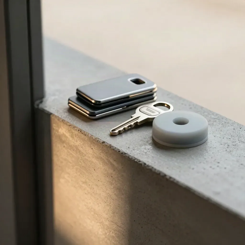 Macro still life of coworking fobs, desk puck and locker key on brushed concrete, seen through a blurred doorway.