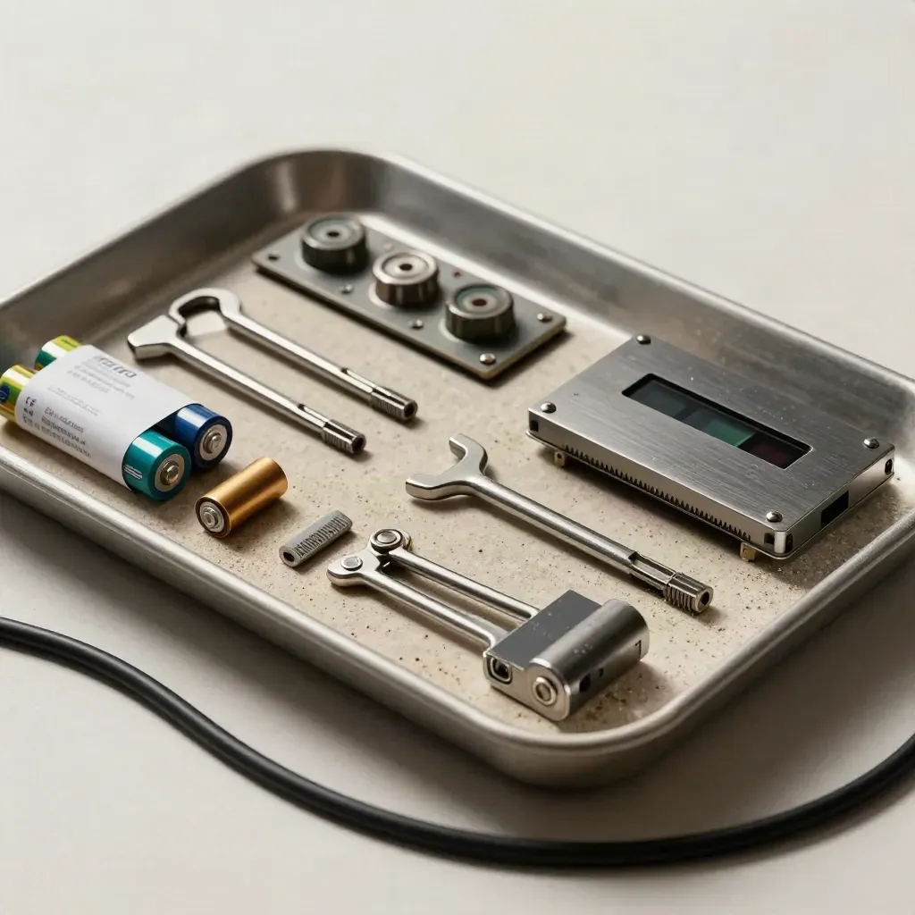 Sensor modules and maintenance tools on pale stone, seen through a foreground cable coil.