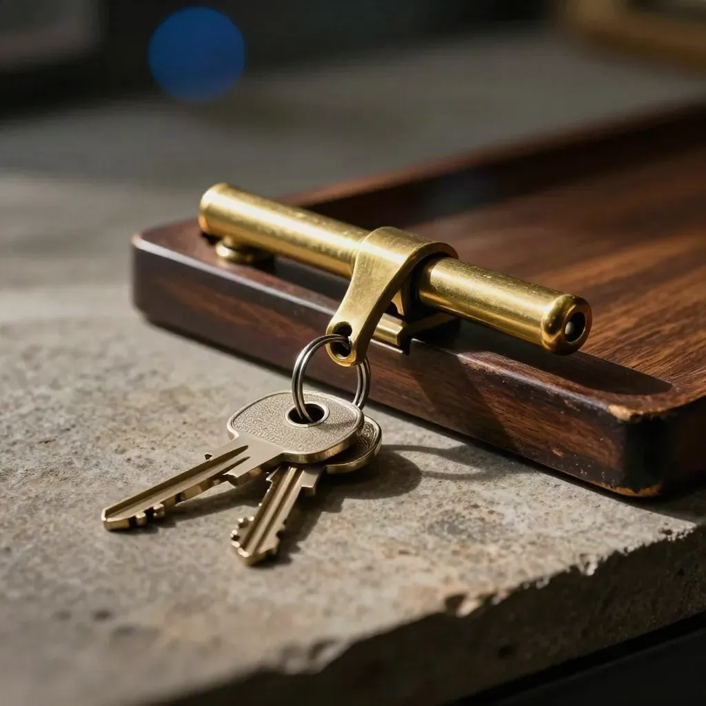 Brass latch and paired room keys on a dark wooden tray over warm stone.