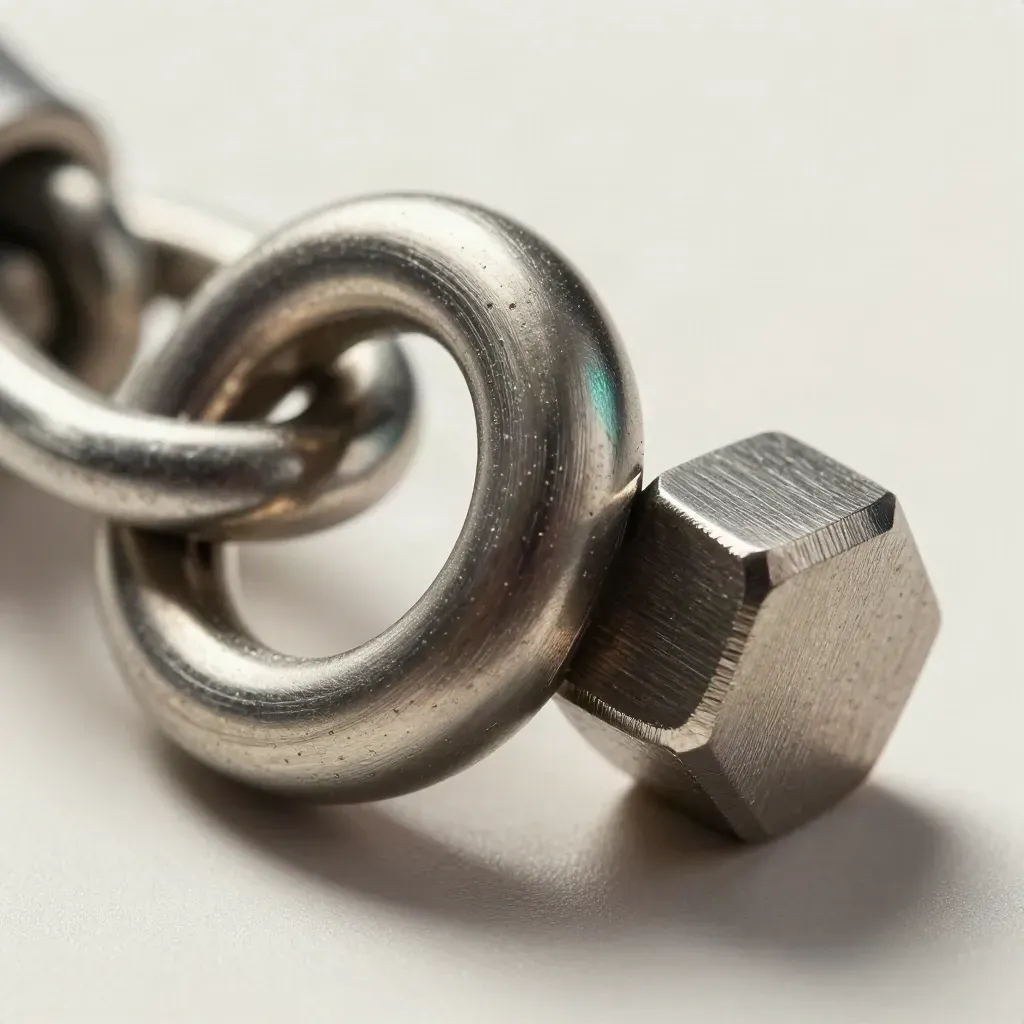 Macro of linked metal rings, a cable coupler and hex spacer on brushed steel