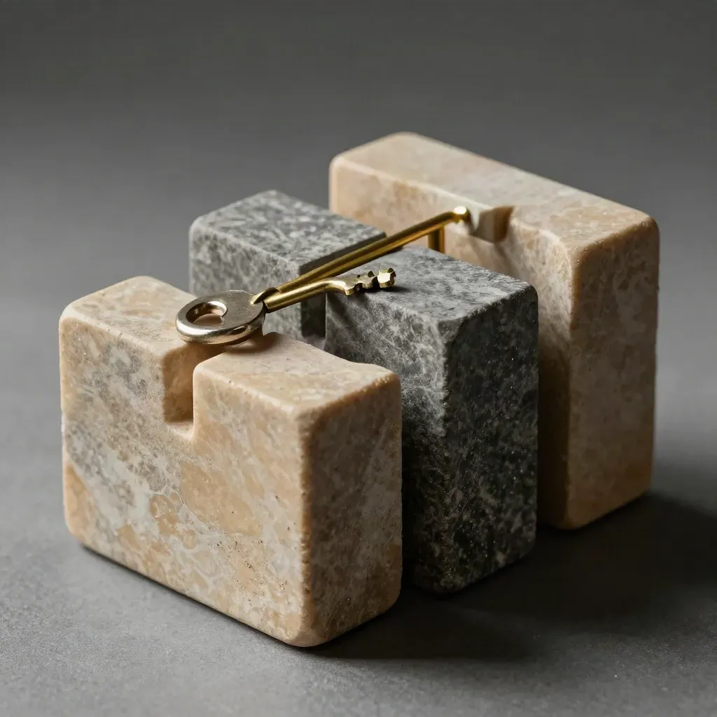 Three stone blocks bridged by a brass pin on pale concrete, lit dramatically from above.
