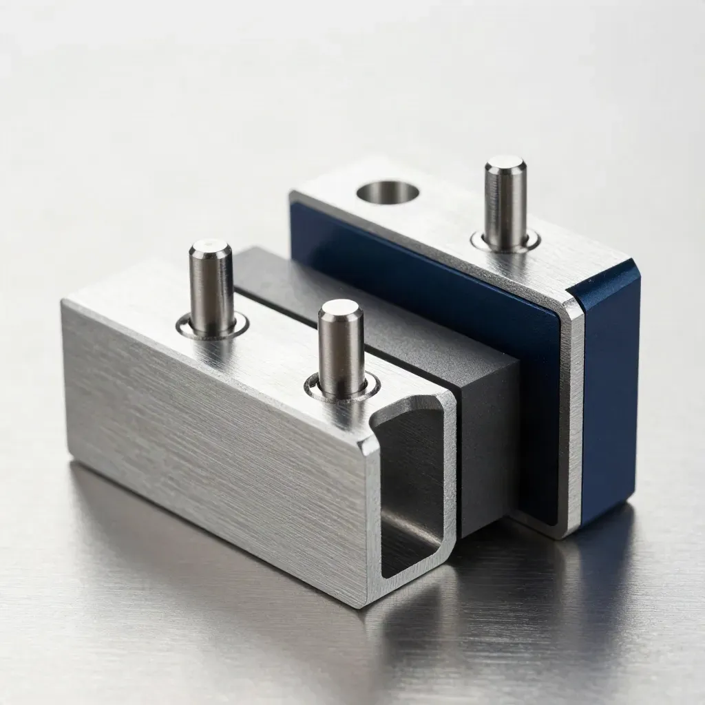 Macro of aluminium brackets and alignment pins on brushed metal with a navy spacer.