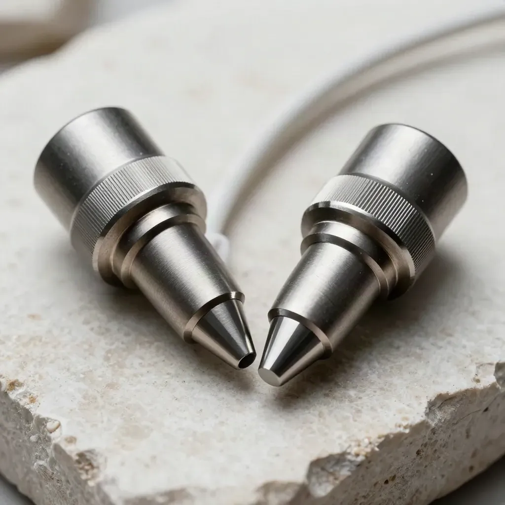 Graphite connector halves, white cable loop, and coupling collar on pale stone