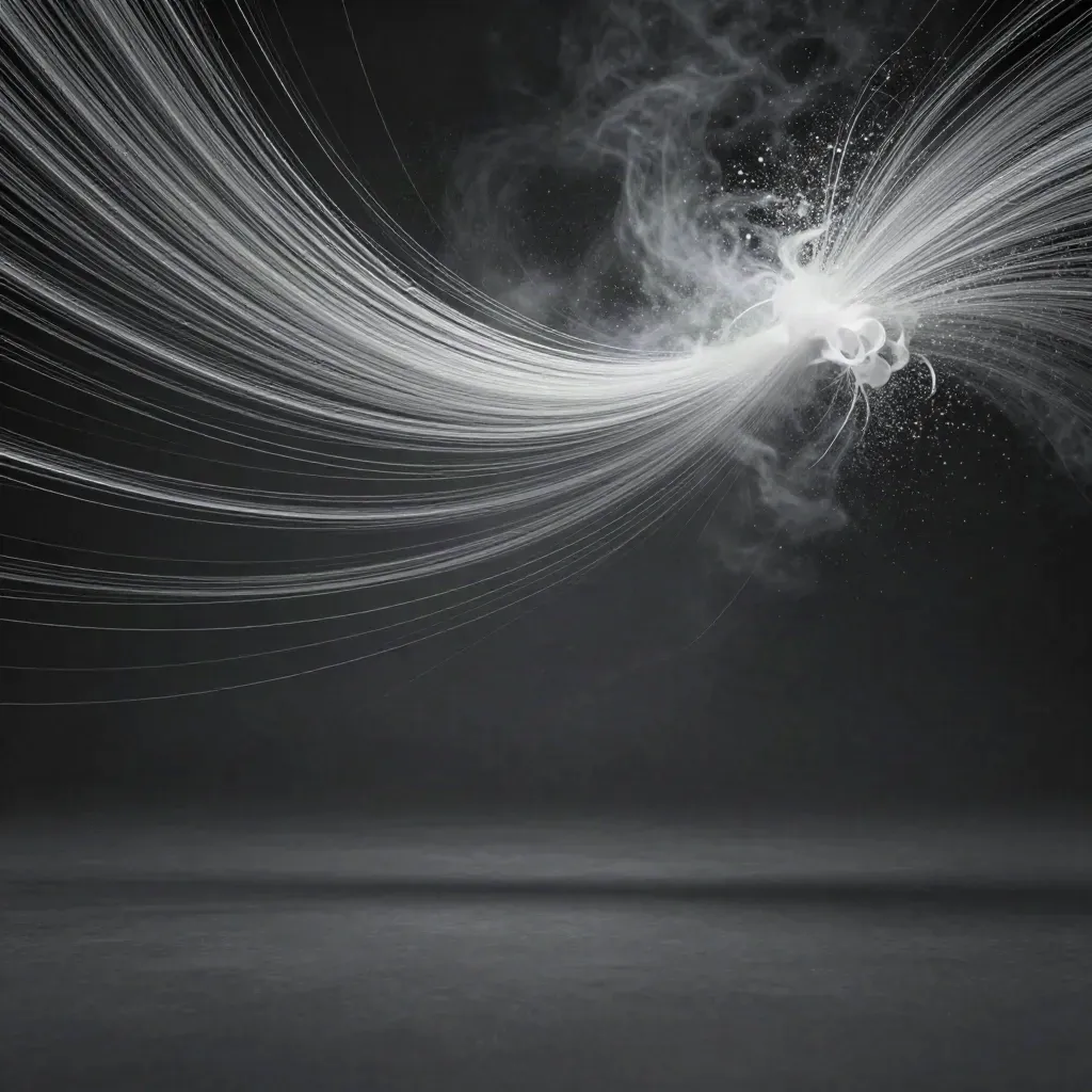 Abstract silver filaments converge into a white bloom, leaving calm space for copy.